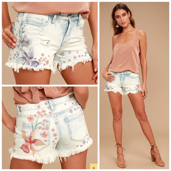 Blank NYC Pants - Blank NYC Hiker Light Wash Embroidered Distressed Denim Shorts 29